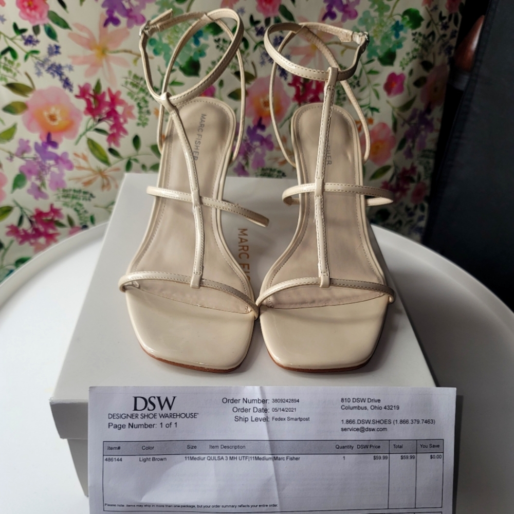 MARC FISHER LOW HELL TAN/NUDE SANDALS